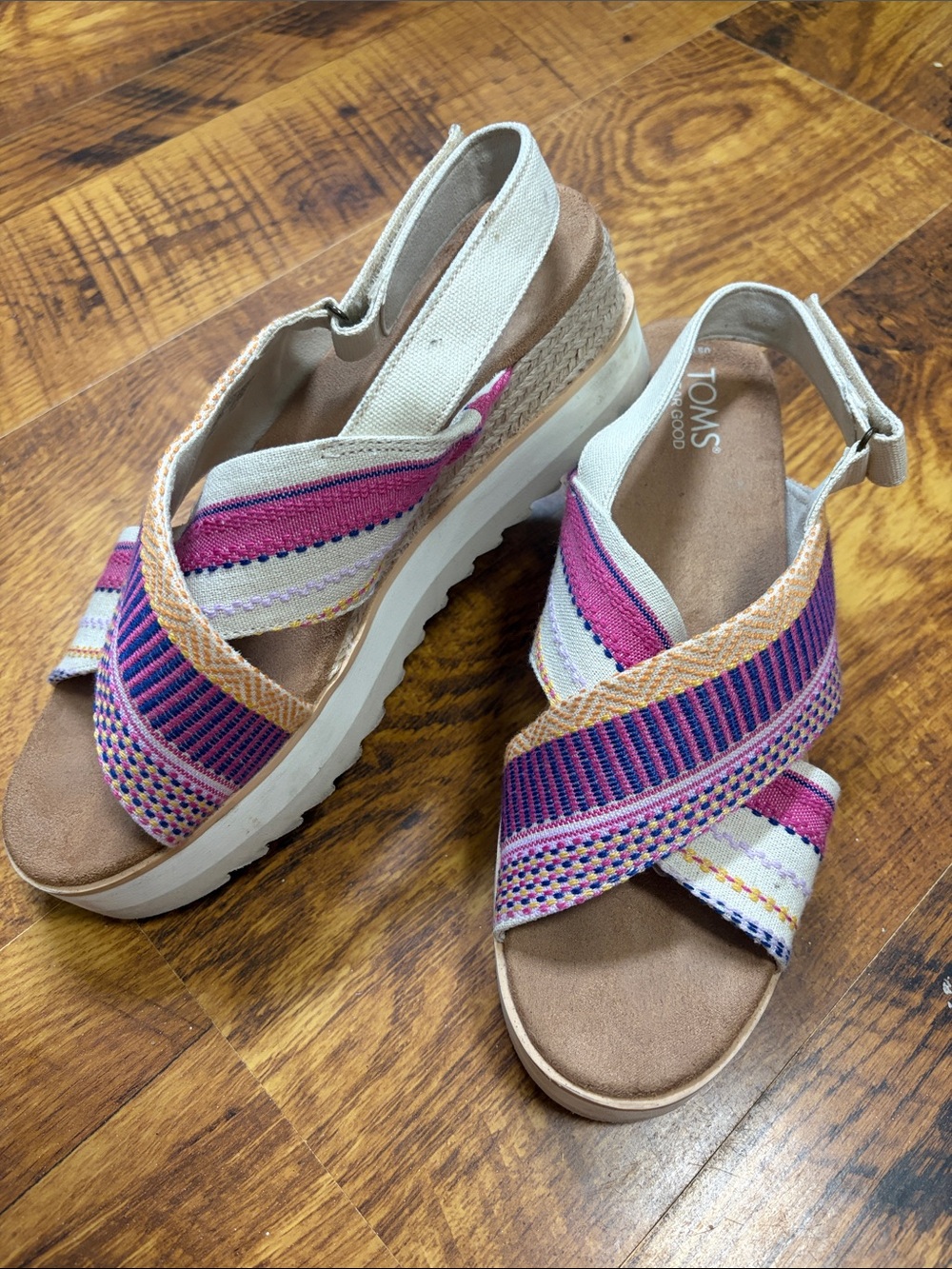 TOMS Womens Pink and Purple Striped Crossover Slingback Wedge Sandals